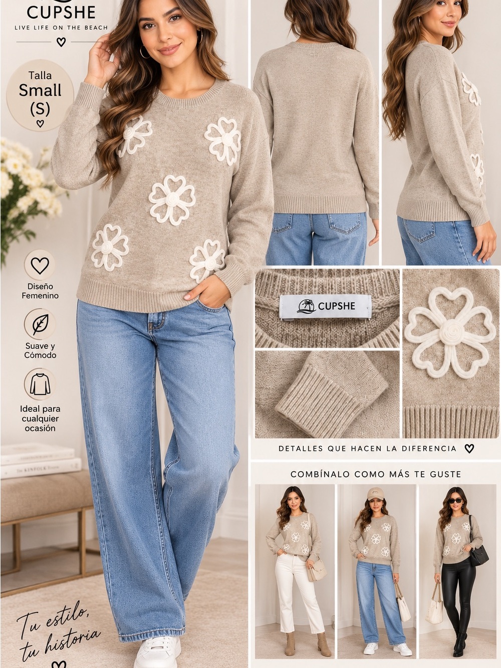 Cupshe Beige Crewneck Sweater with White Floral Appliqués